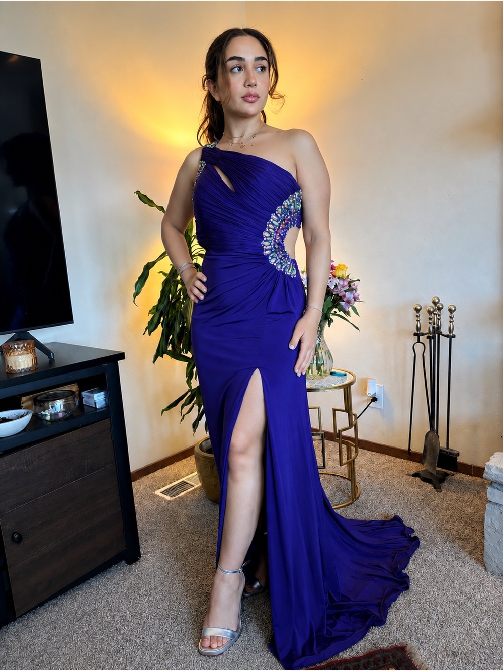 Tony Bowls One-Shoulder Deep Purple Evening Gown with Jeweled Side Accent